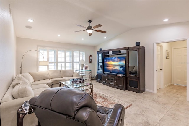 living area featuring recessed lighting, baseboards, ceiling fan, and vaulted ceiling