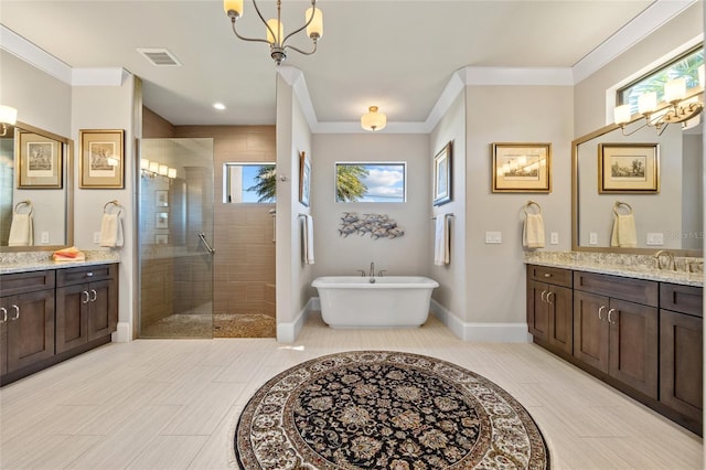 full bath featuring vanity, visible vents, tiled shower, an inviting chandelier, and crown molding