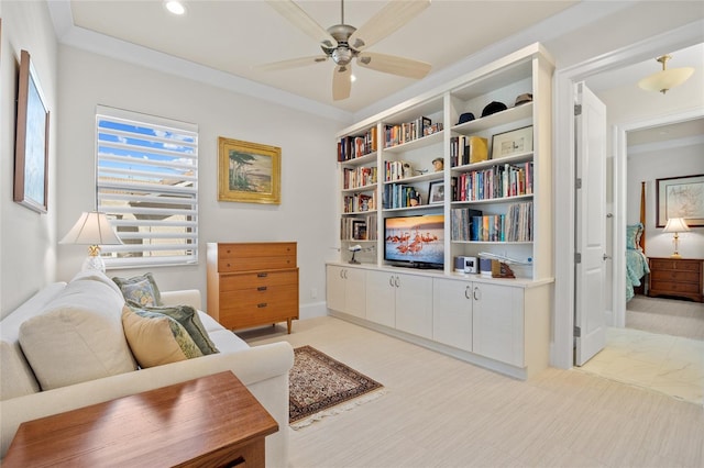 sitting room featuring crown molding, recessed lighting, and ceiling fan