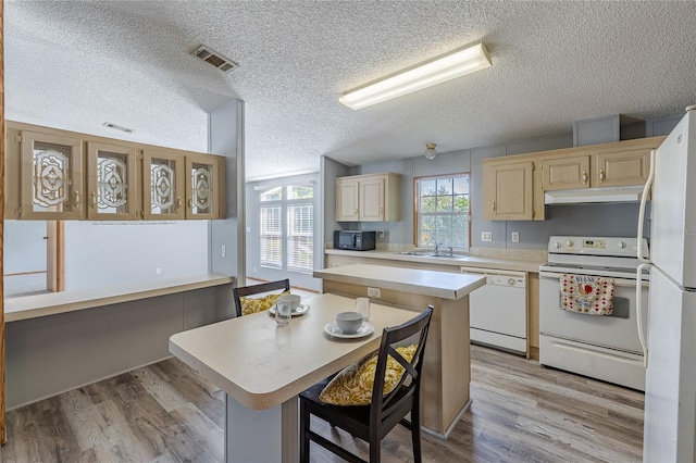 kitchen with white appliances, visible vents, a sink, light countertops, and light wood-type flooring