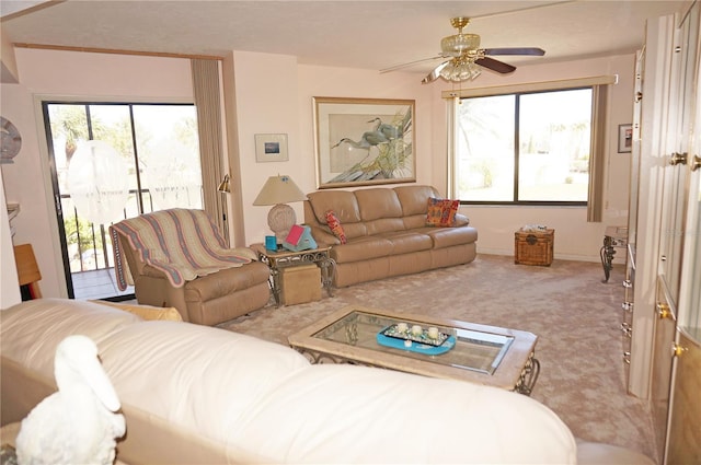 living room with ceiling fan and carpet