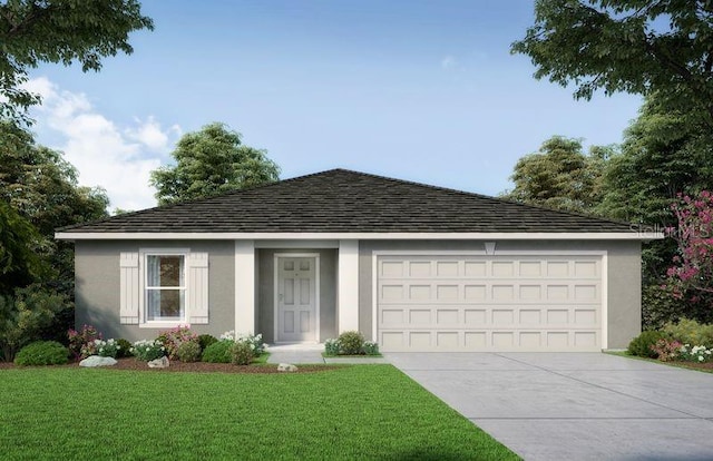 single story home with driveway, an attached garage, a shingled roof, stucco siding, and a front lawn