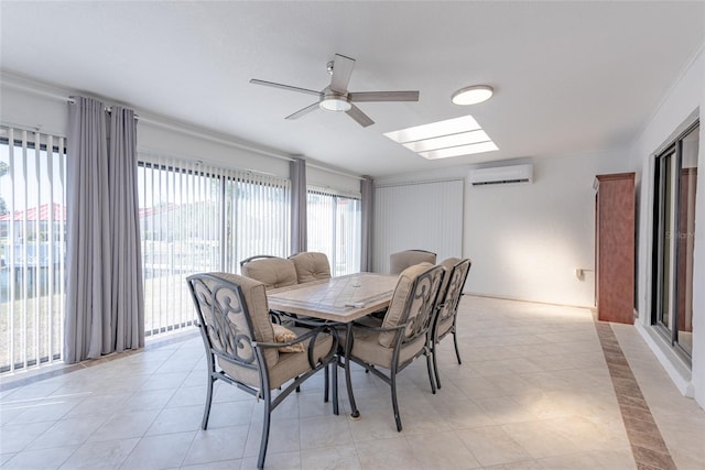 dining space featuring a skylight, light tile patterned floors, ceiling fan, and a wall unit AC