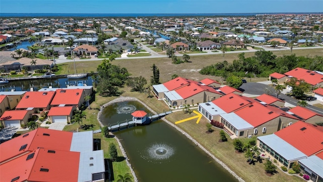 birds eye view of property with a residential view and a water view