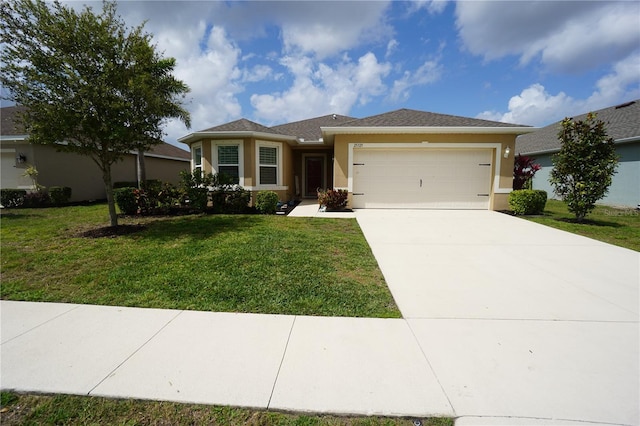 view of front of home featuring stucco siding, an attached garage, concrete driveway, and a front lawn