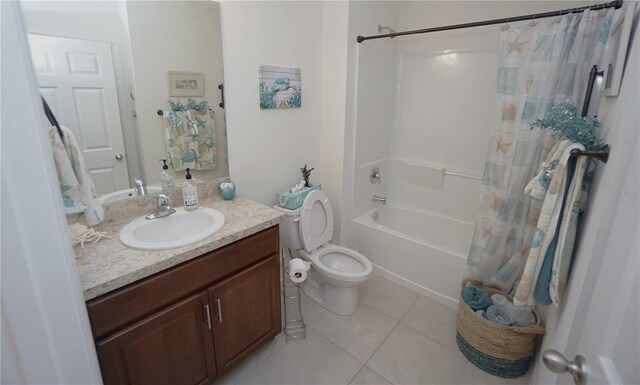 full bath featuring shower / tub combo, toilet, vanity, and tile patterned flooring