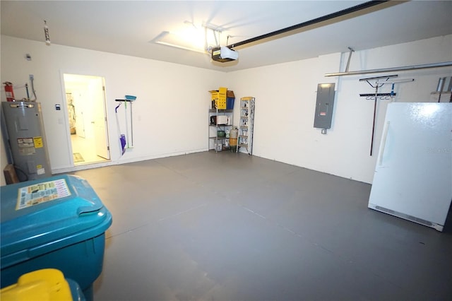 garage with electric panel, a garage door opener, water heater, and freestanding refrigerator