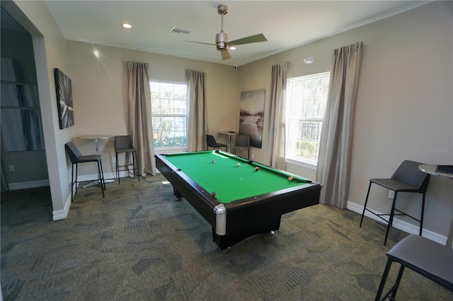 rec room with billiards, visible vents, baseboards, carpet floors, and ceiling fan