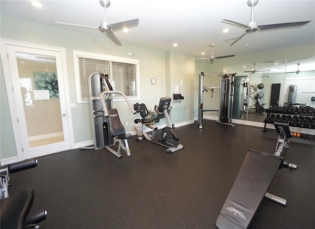 gym featuring recessed lighting, visible vents, baseboards, and a ceiling fan
