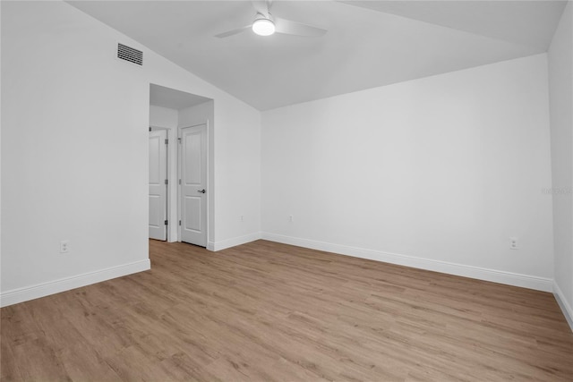 unfurnished room featuring visible vents, baseboards, ceiling fan, and light wood finished floors