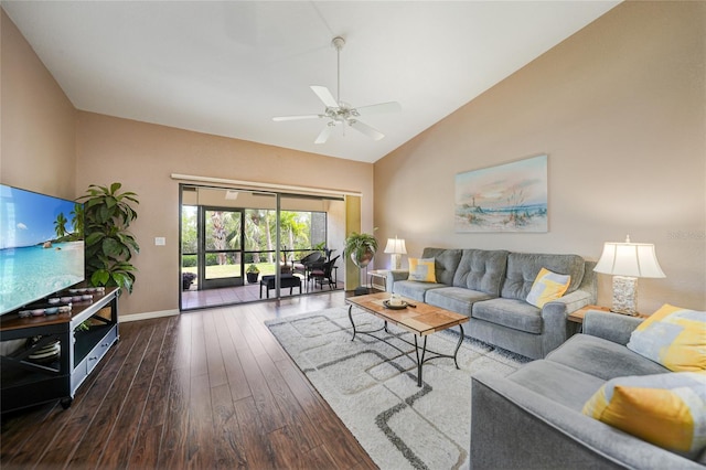 5036 San Rocco Ct, Punta Gorda, FL 33950 - living room featuring baseboards, high vaulted ceiling, a ceiling fan, and wood finished floors