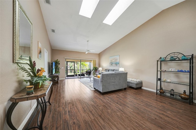 5036 San Rocco Ct, Punta Gorda, FL 33950 - living room with visible vents, high vaulted ceiling, wood finished floors, a skylight, and baseboards