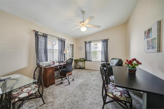 5036 San Rocco Ct, Punta Gorda, FL 33950 - office featuring light colored carpet, baseboards, lofted ceiling, and ceiling fan