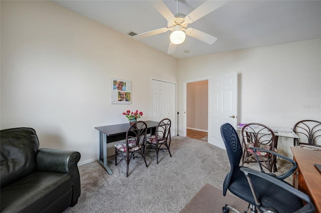 5036 San Rocco Ct, Punta Gorda, FL 33950 - office space featuring carpet, visible vents, baseboards, lofted ceiling, and ceiling fan