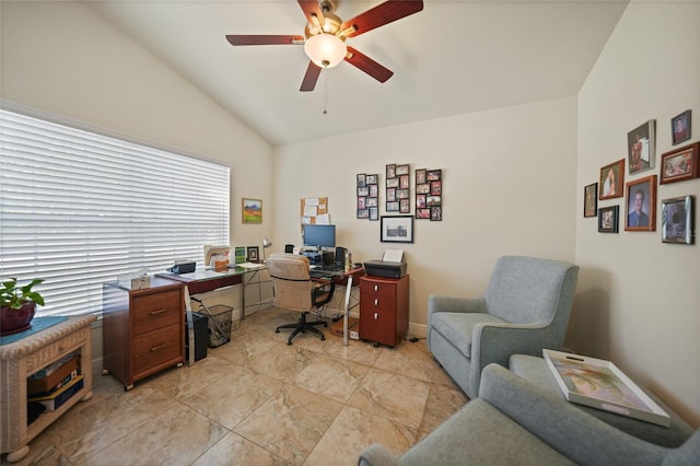 office area featuring a ceiling fan and lofted ceiling