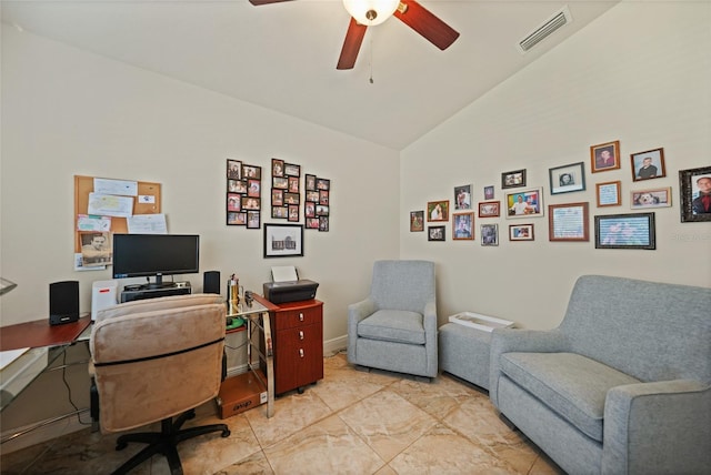 office featuring baseboards, visible vents, a ceiling fan, and lofted ceiling