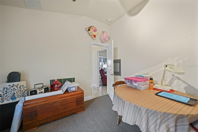 bedroom featuring lofted ceiling, carpet flooring, baseboards, and visible vents
