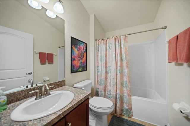 full bath featuring toilet, vanity, and shower / bathtub combination with curtain