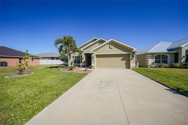 ranch-style home with a front yard, fence, stucco siding, concrete driveway, and a garage