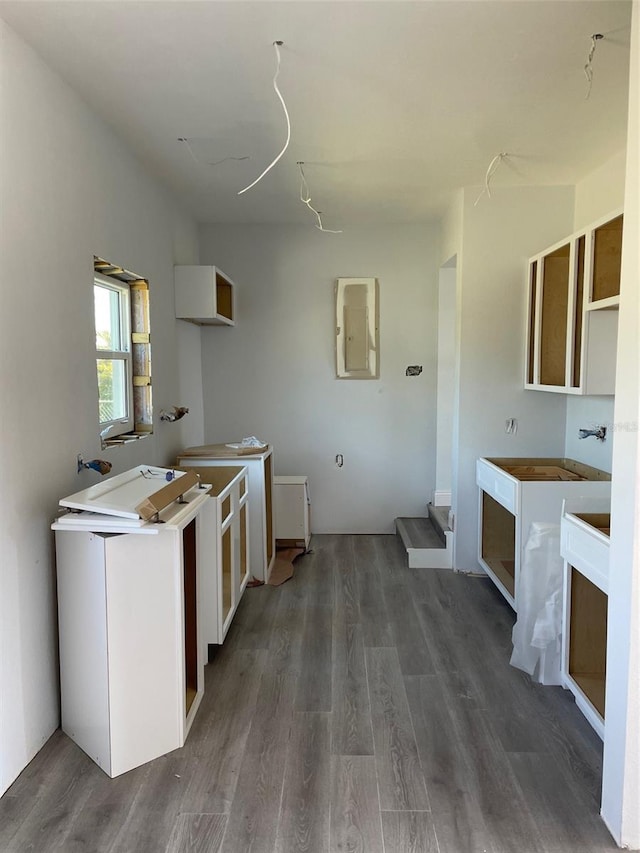 kitchen with electric panel and wood finished floors