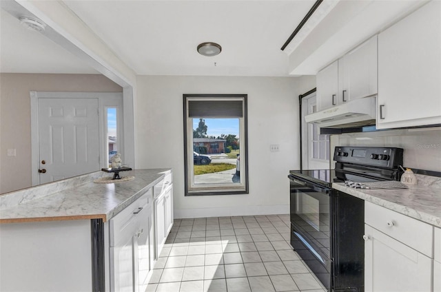 kitchen featuring backsplash, black range with electric cooktop, under cabinet range hood, light tile patterned flooring, and white cabinetry