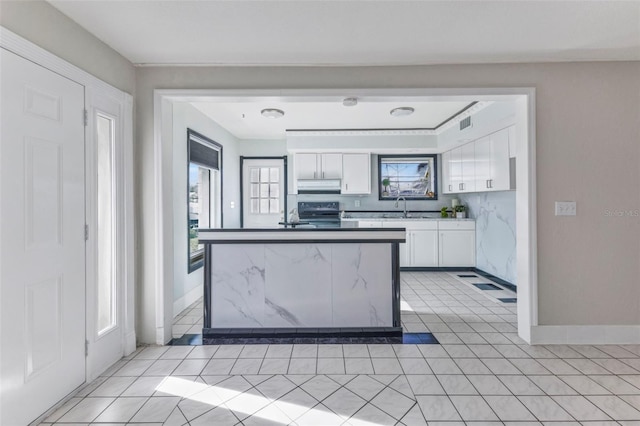 kitchen featuring a sink, under cabinet range hood, electric range oven, and white cabinetry
