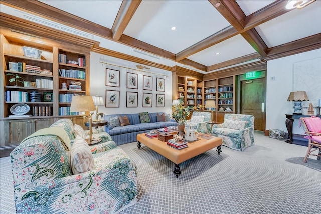 105 Clubhouse Dr Unit D155, Naples, FL 34105 - carpeted living room featuring beamed ceiling, coffered ceiling, built in shelves, and ornamental molding