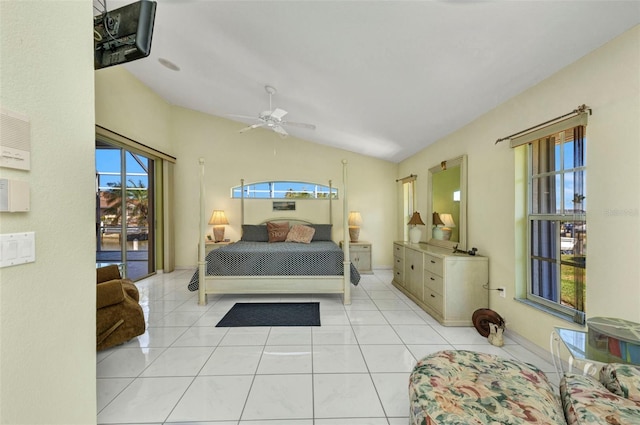 412 Panarea Dr, Punta Gorda, FL 33950 - bedroom featuring light tile patterned floors, access to outside, ceiling fan, and vaulted ceiling
