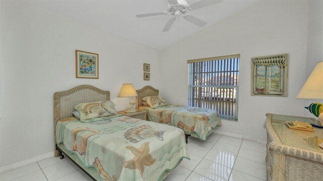 412 Panarea Dr, Punta Gorda, FL 33950 - bedroom with access to exterior, baseboards, lofted ceiling, light tile patterned floors, and a ceiling fan