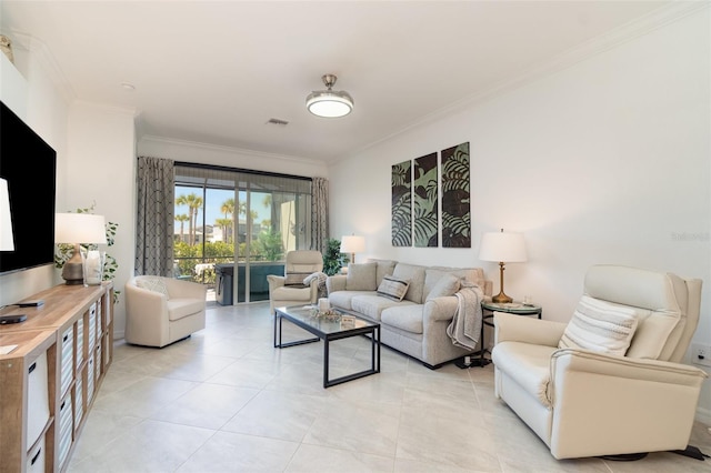 living room featuring light tile patterned flooring, visible vents, and crown molding