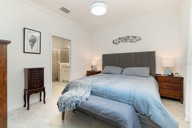 bedroom with baseboards, light tile patterned flooring, visible vents, and crown molding