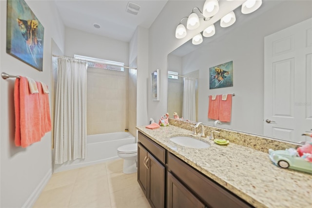 bathroom featuring tile patterned flooring, vanity, shower / tub combo, toilet, and visible vents
