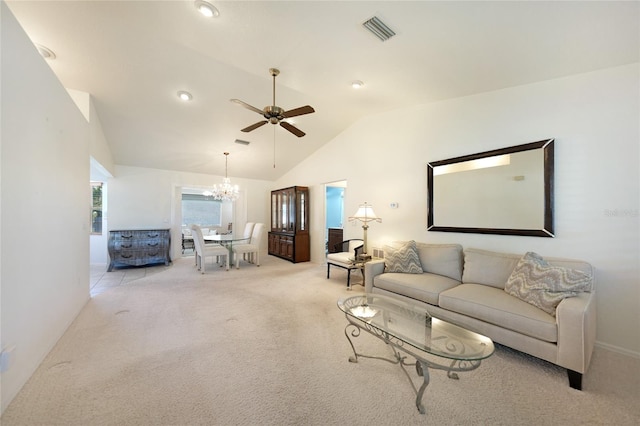3753 Aba Ln, North Port, FL 34287 - living area with light carpet, a chandelier, ceiling fan, and high vaulted ceiling