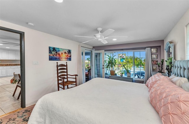 bedroom featuring recessed lighting, access to exterior, light tile patterned floors, and a ceiling fan