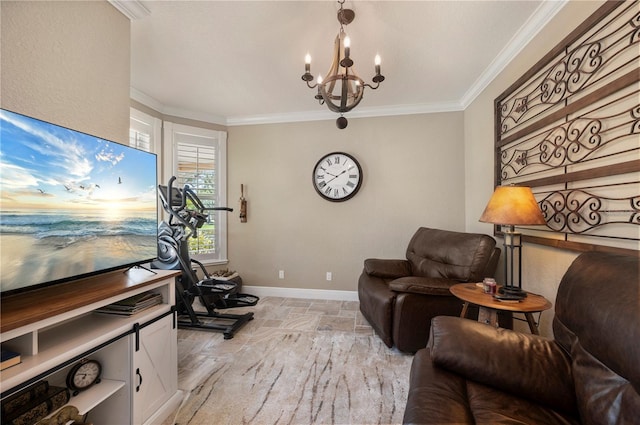 9990 SW Peace River St, Arcadia, FL 34269 - living area featuring a chandelier, ornamental molding, and light stone finish flooring