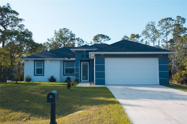 ranch-style house with a front yard, stucco siding, a garage, and driveway