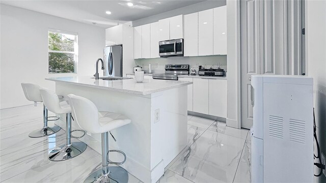 kitchen with white cabinetry, marble finish floor, modern cabinets, and appliances with stainless steel finishes