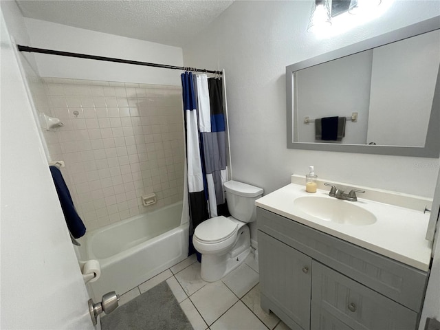 full bath with a textured ceiling, toilet, tile patterned floors, vanity, and shower / bath combination with curtain