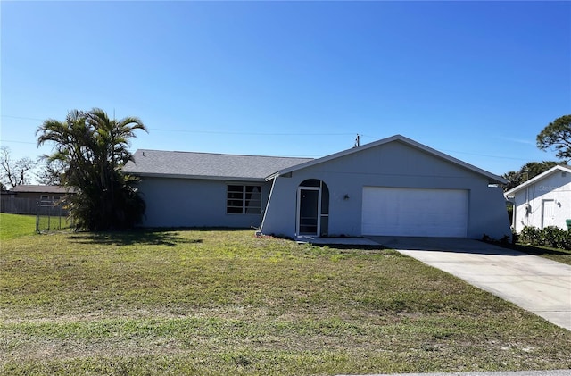 single story home featuring concrete driveway, stucco siding, fence, an attached garage, and a front yard