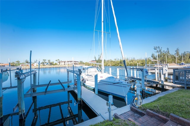 view of dock with a water view and boat lift