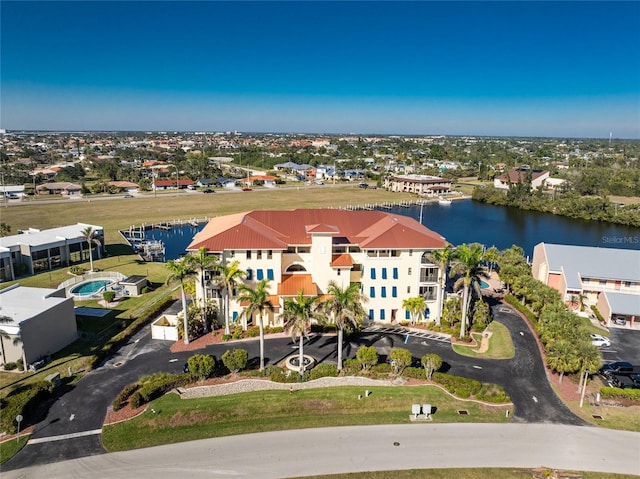 drone / aerial view featuring a water view