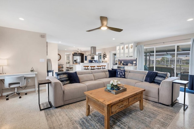 280 Belvedere Ct, Punta Gorda, FL 33950 - living room with ceiling fan, light speckled floor, and recessed lighting