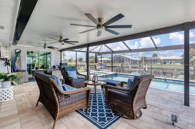 280 Belvedere Ct, Punta Gorda, FL 33950 - view of patio / terrace with outdoor lounge area, an outdoor pool, a lanai, a hot tub, and ceiling fan