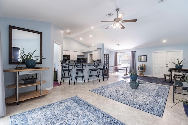 2661 30th Ave SE, Naples, FL 34117 - living area with ceiling fan, visible vents, recessed lighting, lofted ceiling, and baseboards