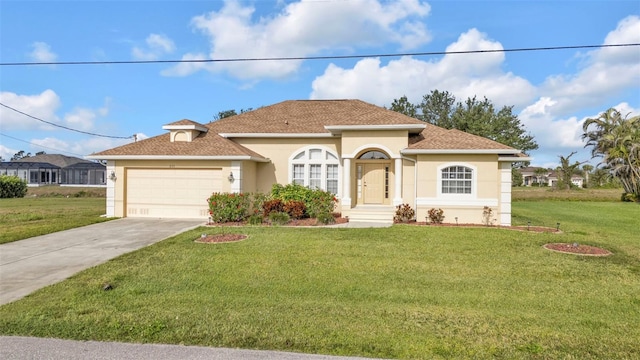 235 Tournament Rd, Rotonda West, FL 33947 - view of front of home with driveway, a front yard, stucco siding, and a garage