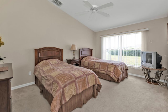 235 Tournament Rd, Rotonda West, FL 33947 - bedroom featuring baseboards, a ceiling fan, visible vents, lofted ceiling, and light colored carpet