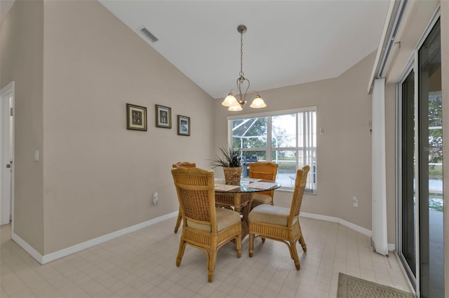 235 Tournament Rd, Rotonda West, FL 33947 - dining area featuring a chandelier, visible vents, baseboards, and lofted ceiling