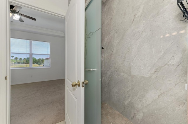 1156 Jonah Dr, North Port, FL 34289 - bathroom with a shower with shower door, ornamental molding, and ceiling fan