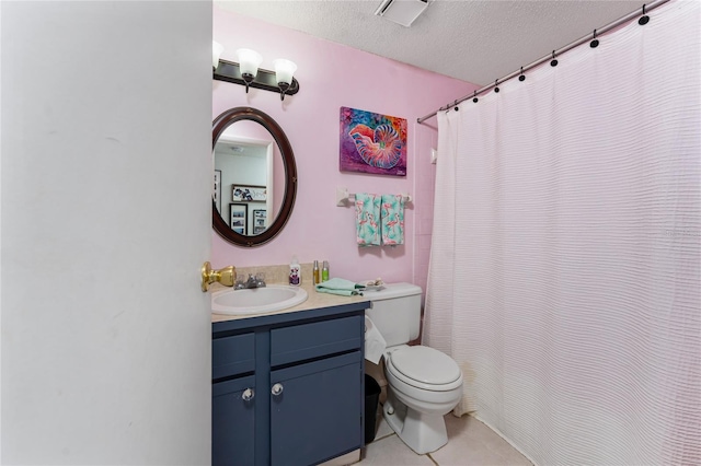 4022 Beaver Ln Unit 500C, Port Charlotte, FL 33952 - bathroom featuring toilet, vanity, a textured ceiling, tile patterned flooring, and a shower with curtain