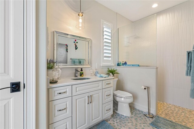 bathroom with toilet, vanity, and a walk in shower